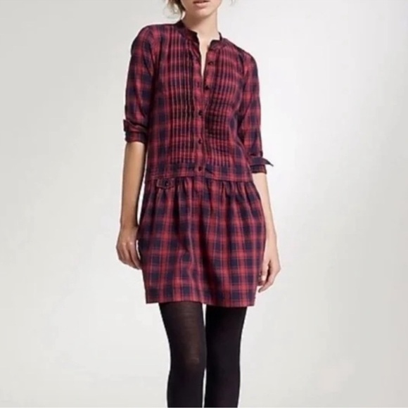 J.Crew Sundrine Red Plaid Flannel‎ Pleated Tunic Dress size 8 EUC - Picture 1 of 6